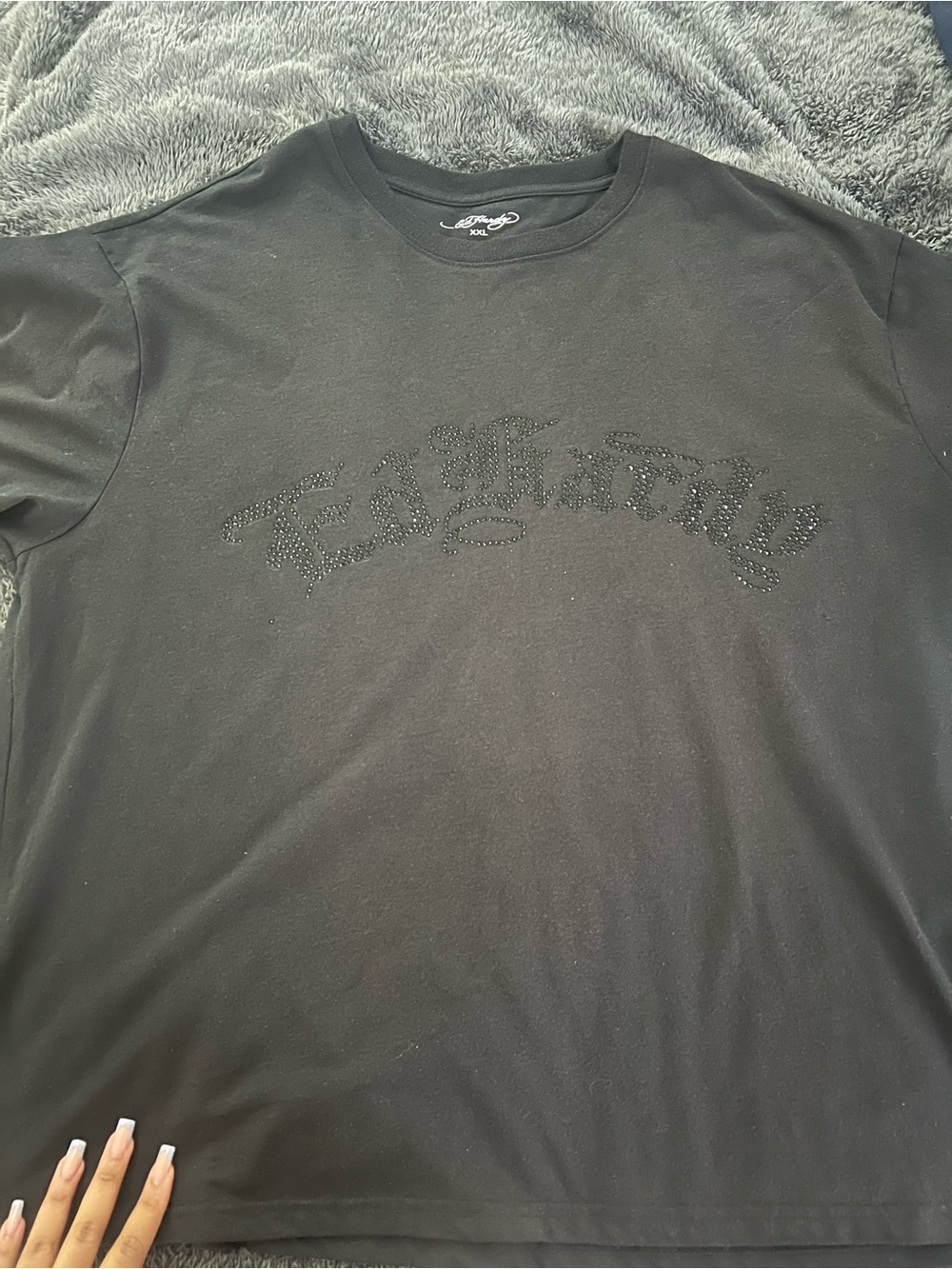 Ed Hardy Black Short Sleeve Crewneck with Rhinestone Script